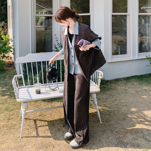 复古开衫穿搭一整套女春2025新款牛仔拼接假两件上衣阔腿裤两件套图片