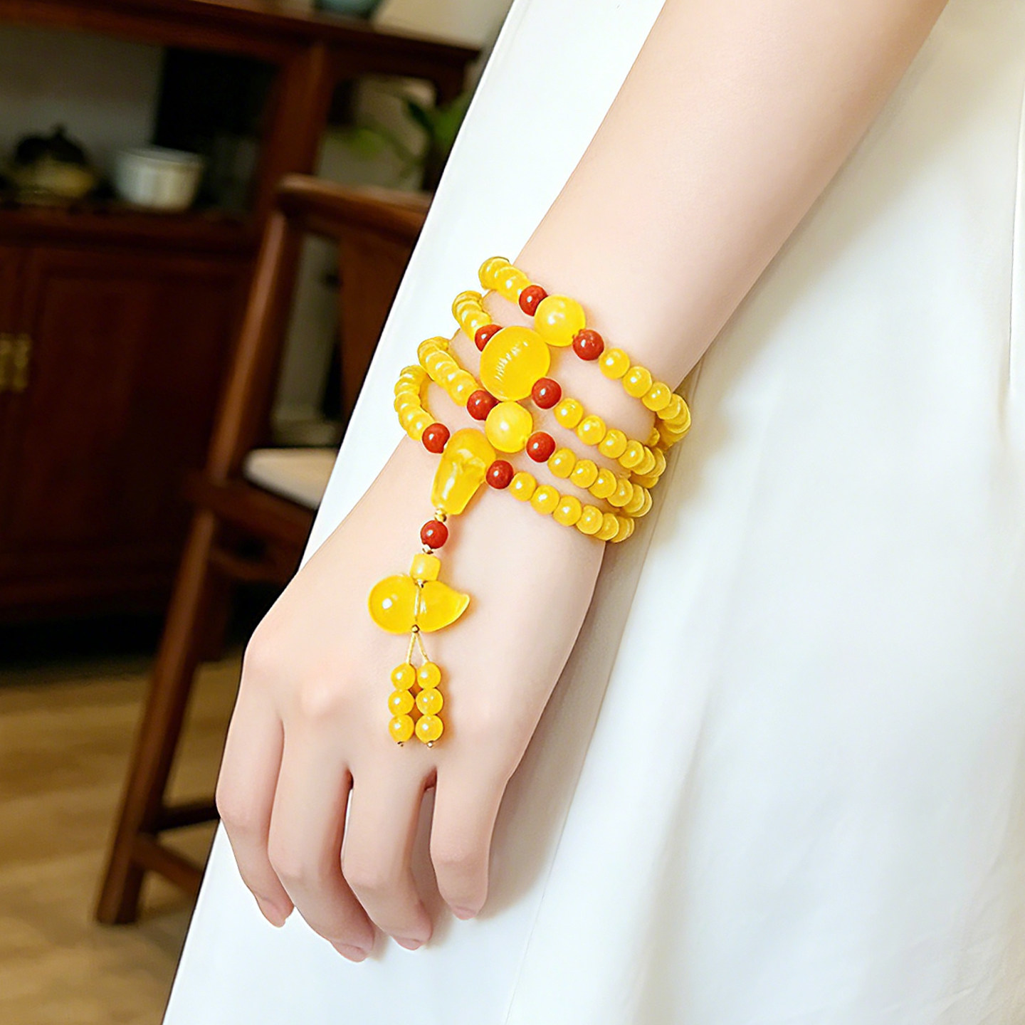 中式天然鸡油黄蜜蜡108颗手串南红玛瑙葫芦名媛古风手链时尚饰品