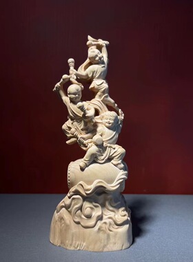 小叶黄杨木敲锣打鼓工艺品