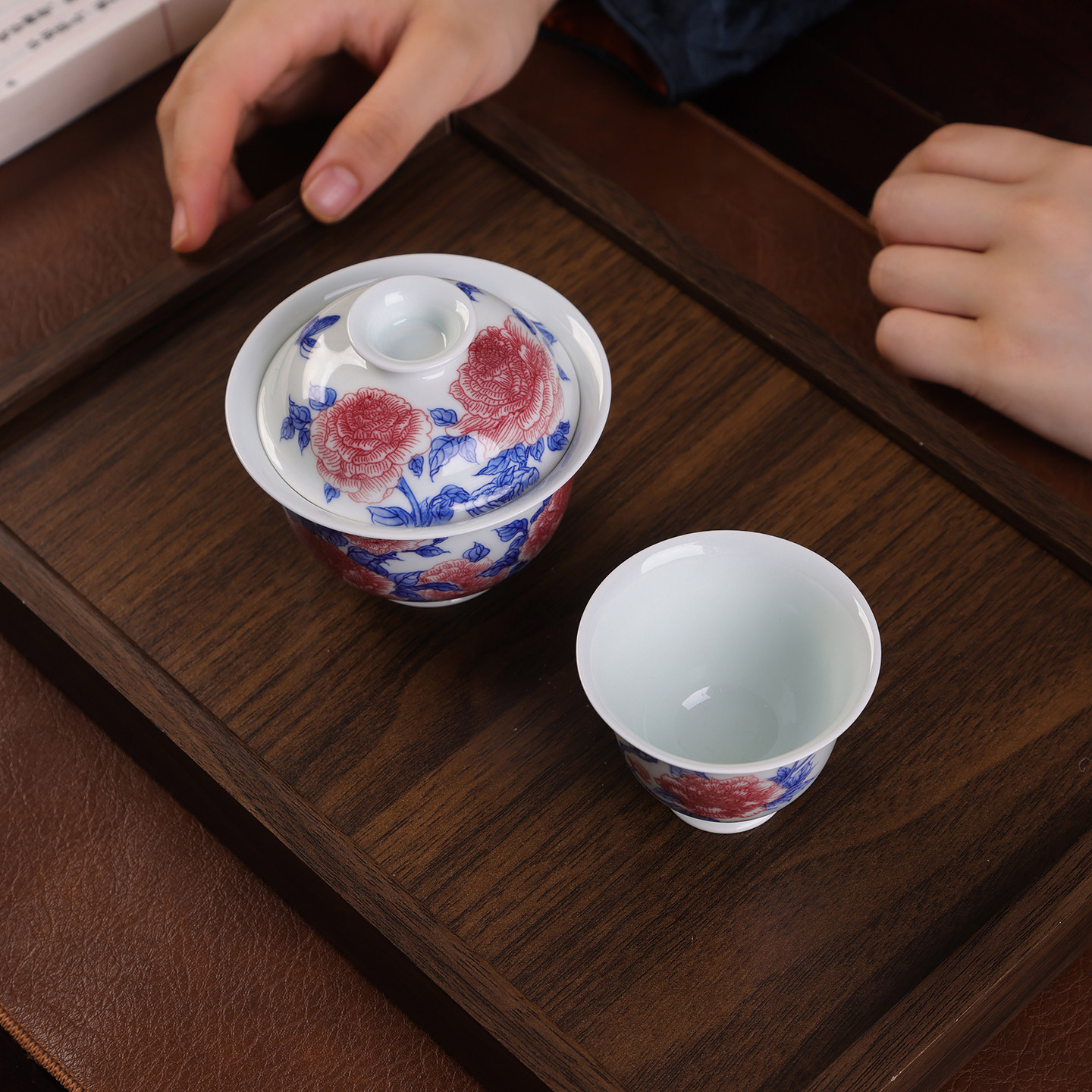 沐茗古韵青花釉里红折枝牡丹盖碗茶杯套装景德镇手绘高端陶瓷茶具