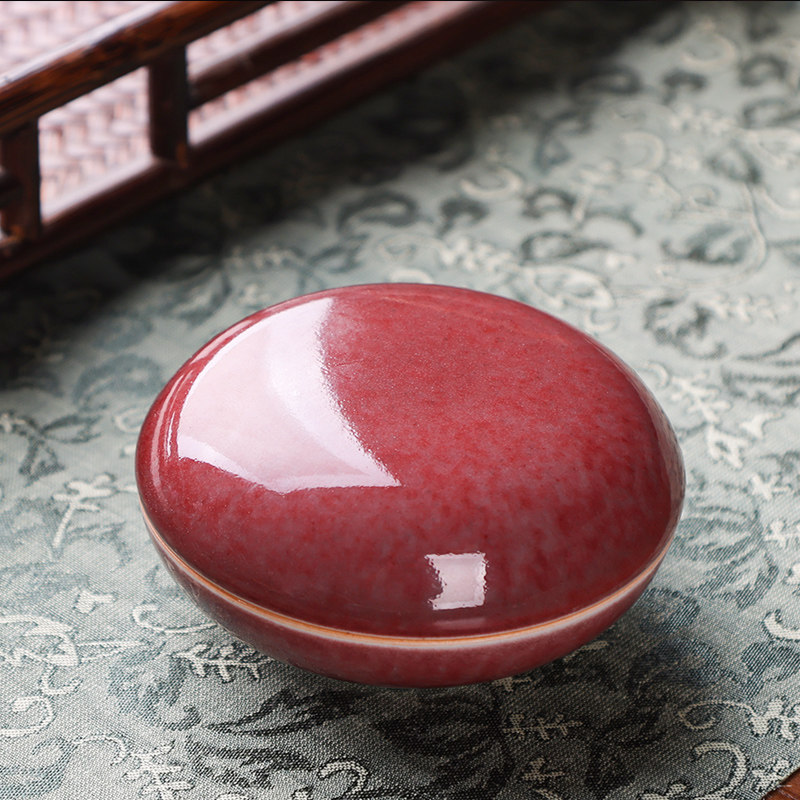 沐茗窑仿古原矿釉豇豆红印泥盒景德镇纯手工中式陶瓷文房用品摆件