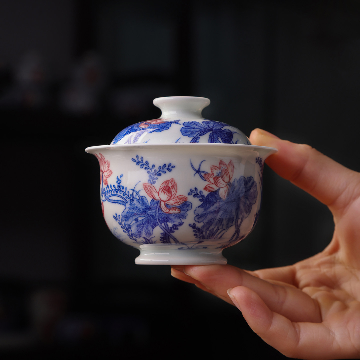 沐茗古韵青花釉里红莲年有余二才盖碗单个高档景德镇纯手工泡茶碗