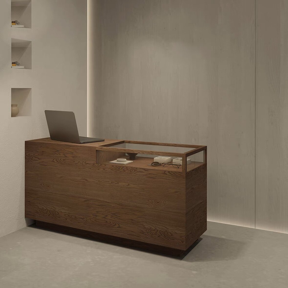 服装店吧台桌收银台复古木纹中岛台饰品柜展示台玻璃前台桌接待台