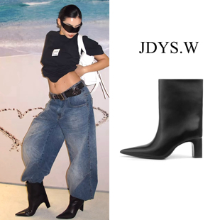 JDYS.W【时髦出圈】7cm粗跟小众复古尖头羊皮版直筒靴中筒靴短靴