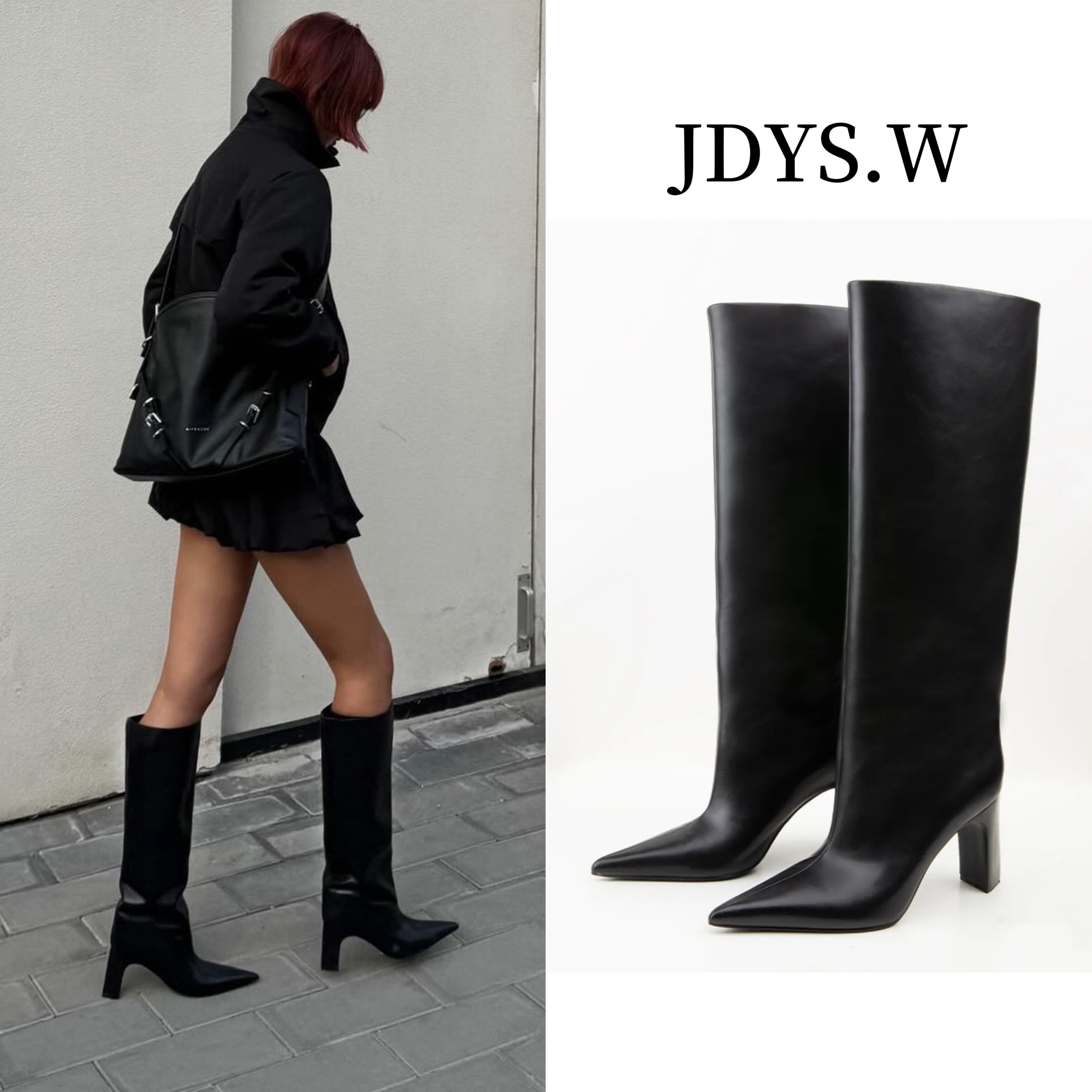 JDYS.W【摩登巴黎】粗跟7cm 极简真皮尖头西部靴直筒靴骑士靴长靴