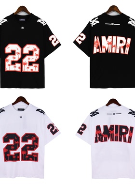 潮牌AMIR1经典字母印花22号运动球服夏季纯棉宽松休闲男女短袖T恤