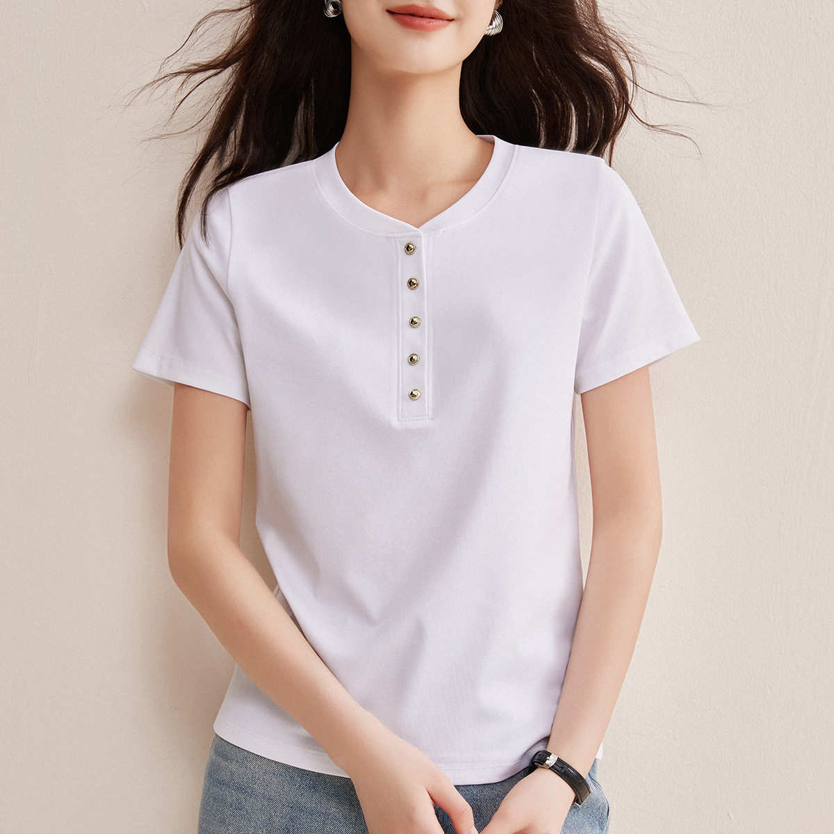 白色正肩80支丝光棉短袖t恤女亨利领夏季高级感体恤修身速干上衣