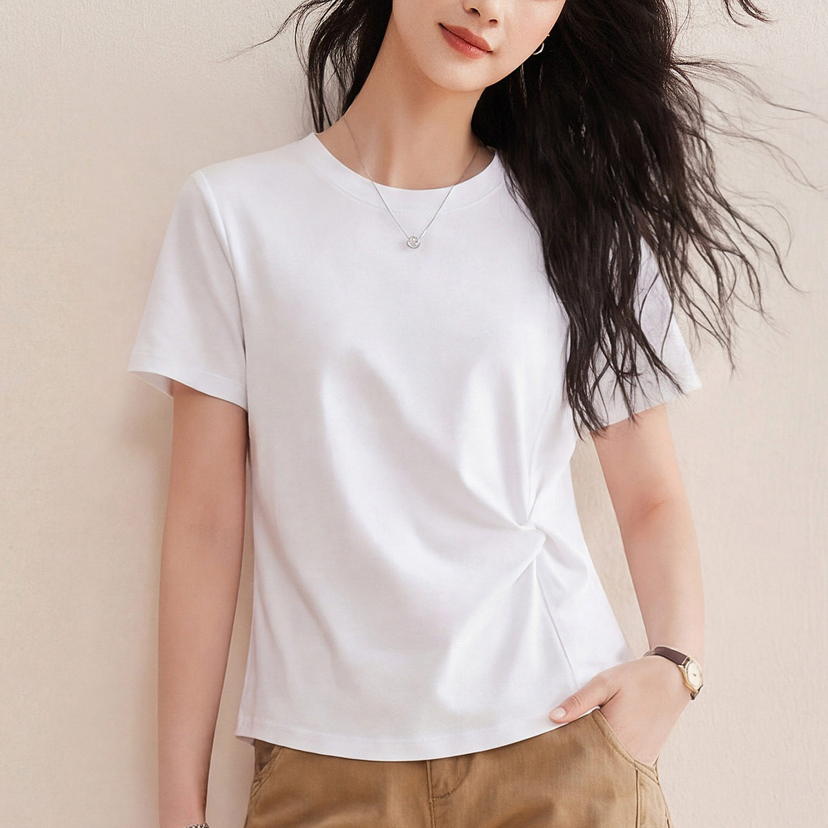 丝光棉抗皱收腰抗皱显瘦上衣女