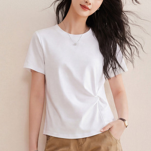 丝光棉白色T恤女短袖夏设计感扭结收腰显瘦抗皱新疆长绒棉上衣
