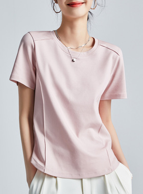 鱼骨线液氨80S丝光棉夏季凉感弧形下摆显廋大码重磅圆领短袖t恤女