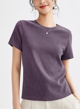 紫色高弹竹节棉2025夏季新款圆领T恤女正肩短袖上衣修身半袖女