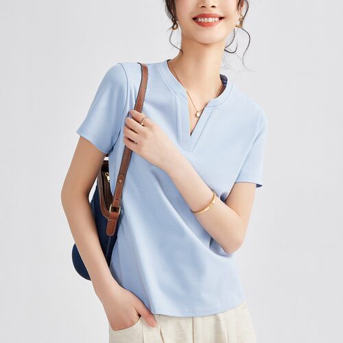 夏凉感透气显廋正肩V领短袖t恤女