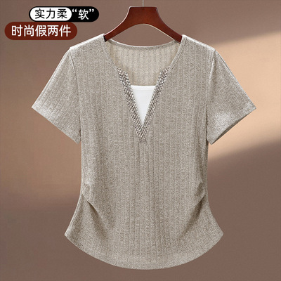 假两件t烫钻V领正肩短袖T恤女