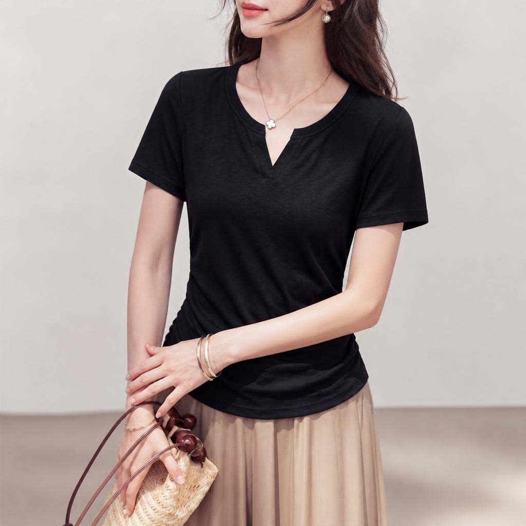 显瘦褶皱腰！V领兰精莫代尔T恤女