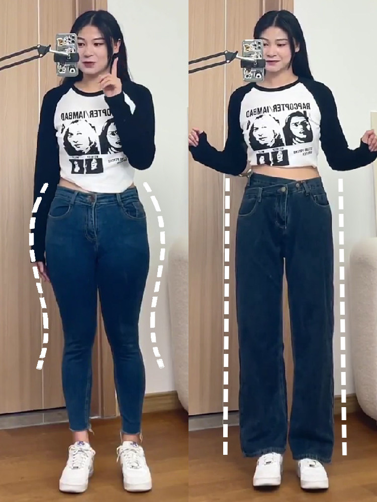 AUTUMN AND WINTER PLUS VELVET PEAR-SHAPED BODY CROTCH THIGH THICK JEANS WOMENS PLUS-SIZE CHUBBY MM SLIGHTLY CHUBBY GIRLS WEAR STRAIGHT-LEG PANTS