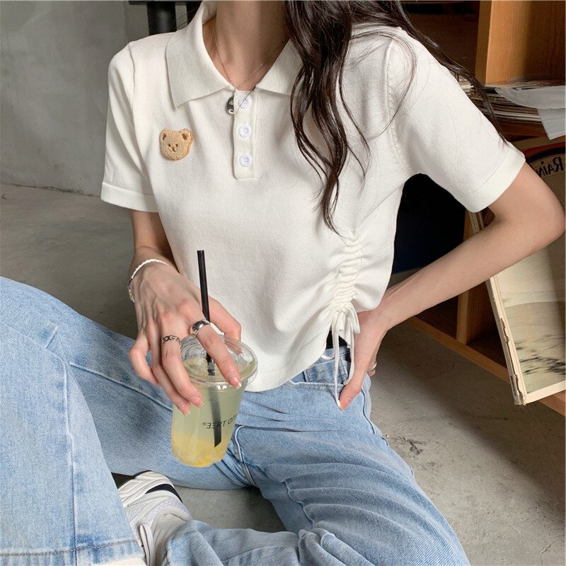 Áo Cổ Polo Tay Ngắn Scheming Có Dây Rút Gấu Nhỏ Mùa Hè Áo Dệt Kim Cô Nàng Mập Cỡ Lớn Áo Nữ Mẫu Ngắn Nữ