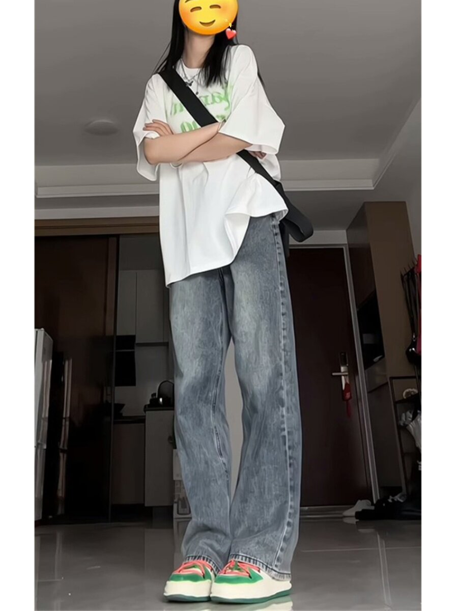 여성용 플러스 사이즈 지방 MM 봄 가을 디자인 배 모양의 하이 웨이스트 스트레이트 와이드 레그 팬츠 겨울을 위한 미국 복고풍 하이 스트리트 청바지