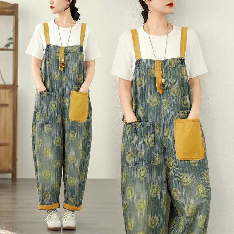 复古文艺时尚贴布撞色牛仔背带裤个性印花哈伦背带裤九分