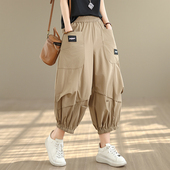 女裤 胖mm街头个性 口袋百搭八分阔腿裤 夏季 跨裤 大码 休闲裤 女潮 新款