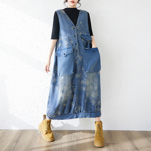 胖mm复古宽松显瘦大口袋长款 女装 牛仔缇花背心连衣裙 大码 春夏新款