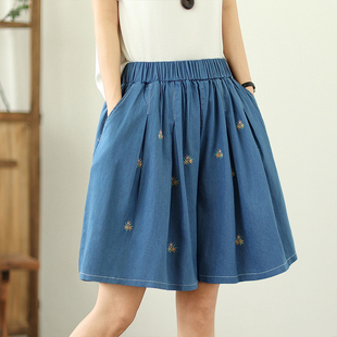 新款 休闲阔腿五分裤 大码 胖mm宽松显瘦松紧腰牛仔绣花短裤 女装 夏季