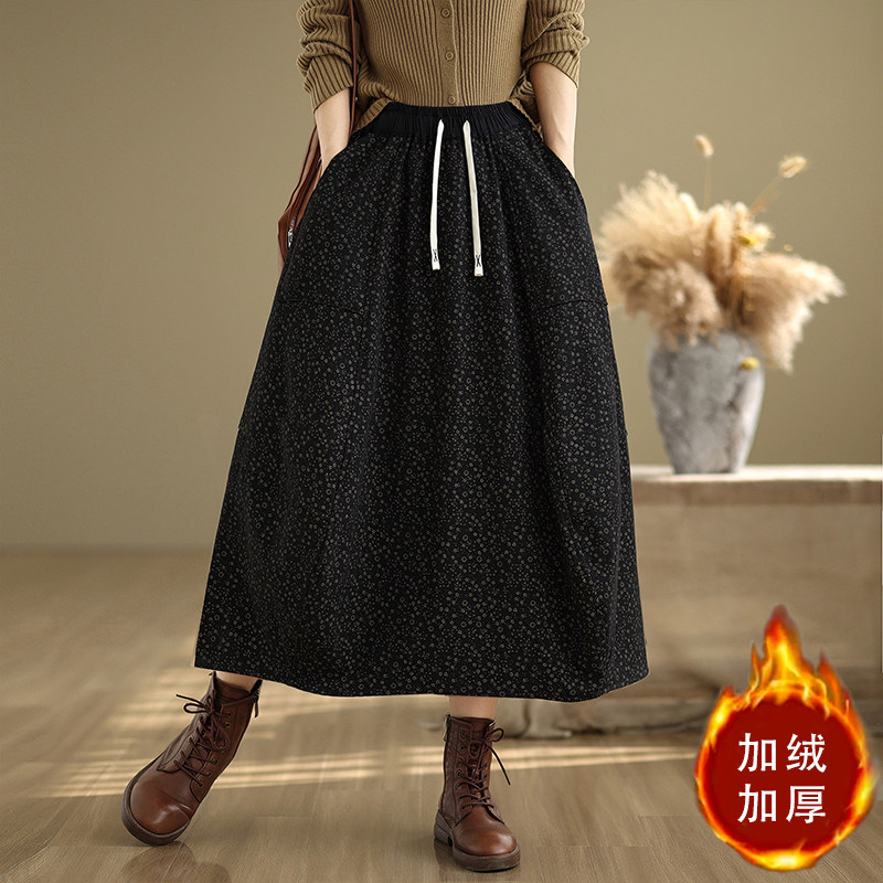 大码半身裙秋冬复古文艺松紧腰简约宽松显瘦遮肉印花加绒山本裙,女装/女士精品,半身裙,淘宝优惠券,粉丝福利购,淘宝优惠卷