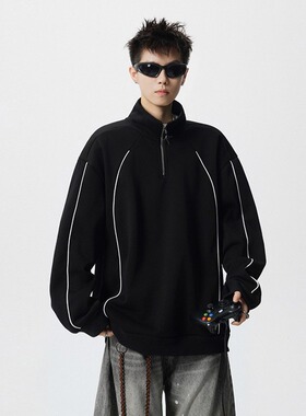黑色半拉链立领卫衣男秋冬潮牌美式条纹拼接长袖上衣重磅帅气外套