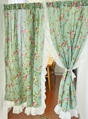 美式乡村碎花窗帘绿色棉麻半帘卧室飘窗英式复古花布门帘小清新