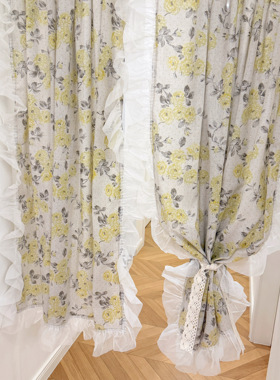 美式田园棉麻半遮光法式黄色花朵窗帘卧室飘窗半帘门帘碎花