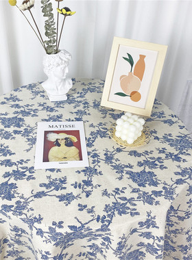 ins韩国博主摆拍背景布野餐布蓝色花棉麻简约美式搭配家居桌布