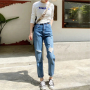超显瘦破洞哈伦牛仔裤 女九分弹力宽松小个子萝卜裤 卷边2025夏新款