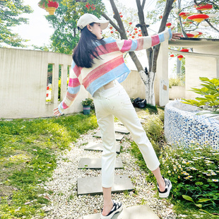 奶白色法棍直筒牛仔裤 女小个子九分夏季 薄款 高腰刺绣小设计烟管裤