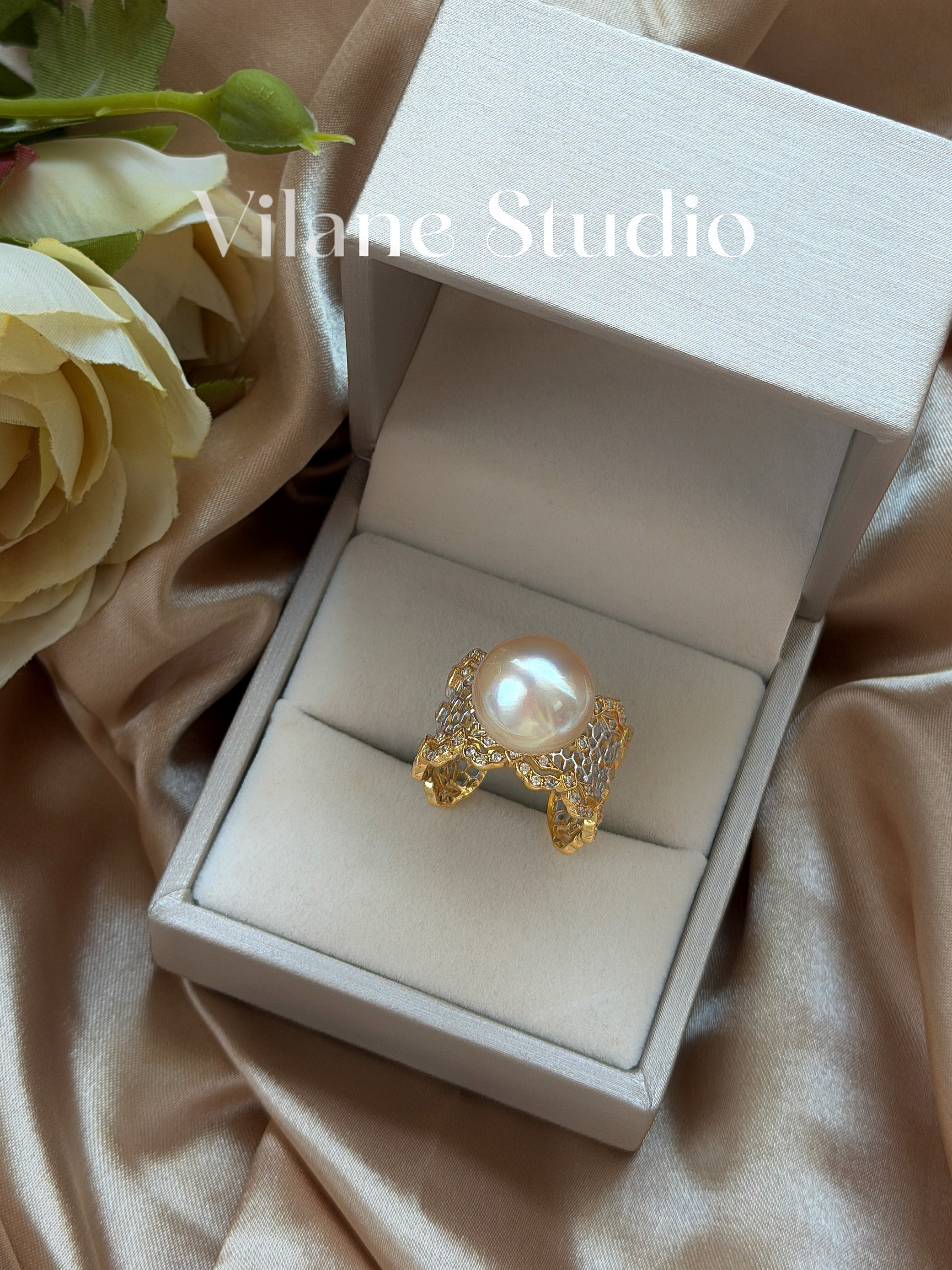 天然海水金珠13-14干枯宽戒臂蕾丝双色意工玫瑰圆干净下开口戒指