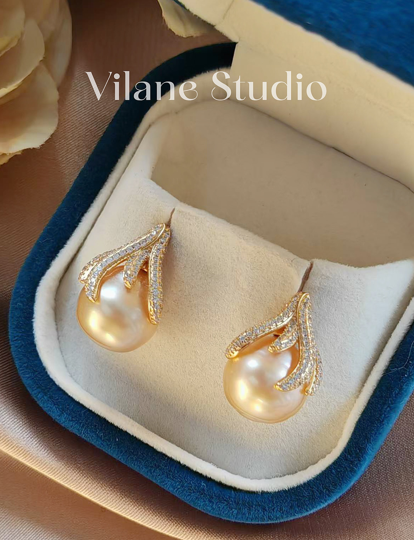 海水南洋浓金金珠12.9纯银耳钉