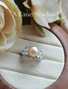 天然海水金珠镜面光纯银镀18k金开口戒指10.48 wu瑕干净