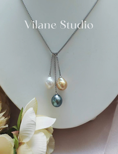 南洋金珠水滴纯银Y字项链一体链10 海水三兄弟大溪地 澳白