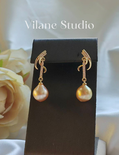 海水金珠浓金茶金彩虹金9-10水滴纯银耳钉长款灵动