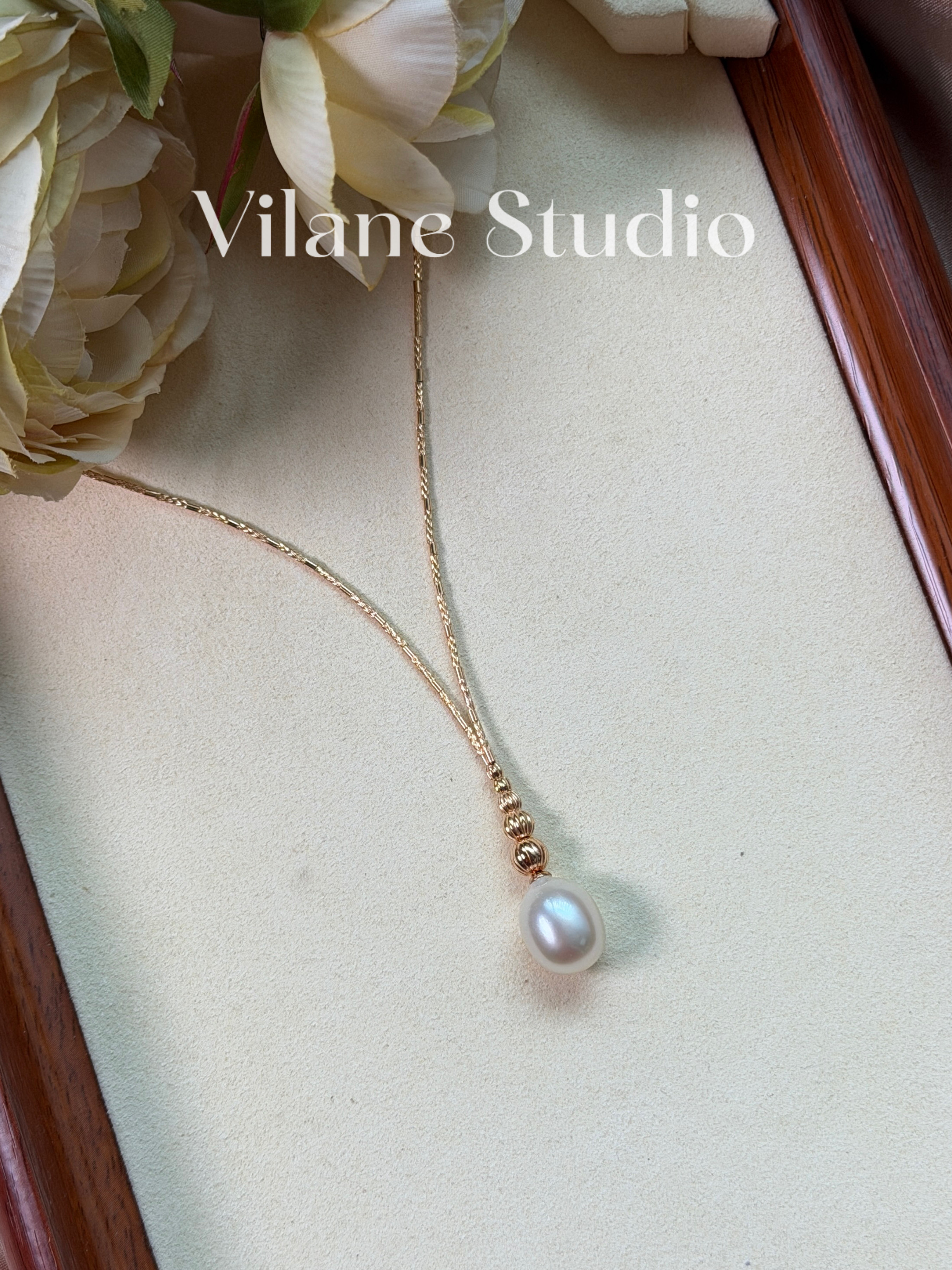 天然海水澳白大水滴鸽子蛋纯银长款金色菠萝珠吊坠一体链12.43*15