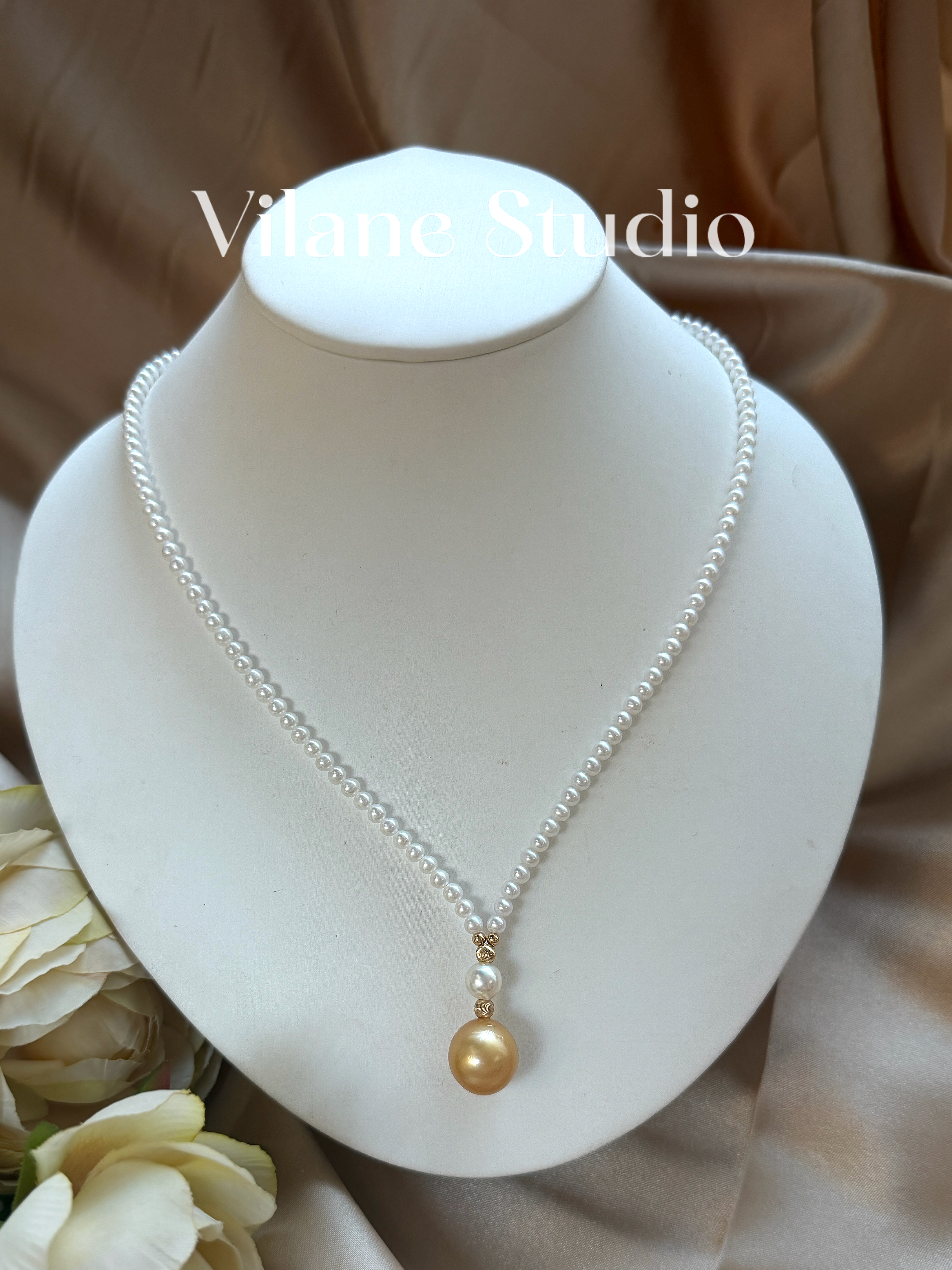 海水金珠项链Y字链43+5浓金彩虹金茶金横卡点位近13淡水珍珠3-4