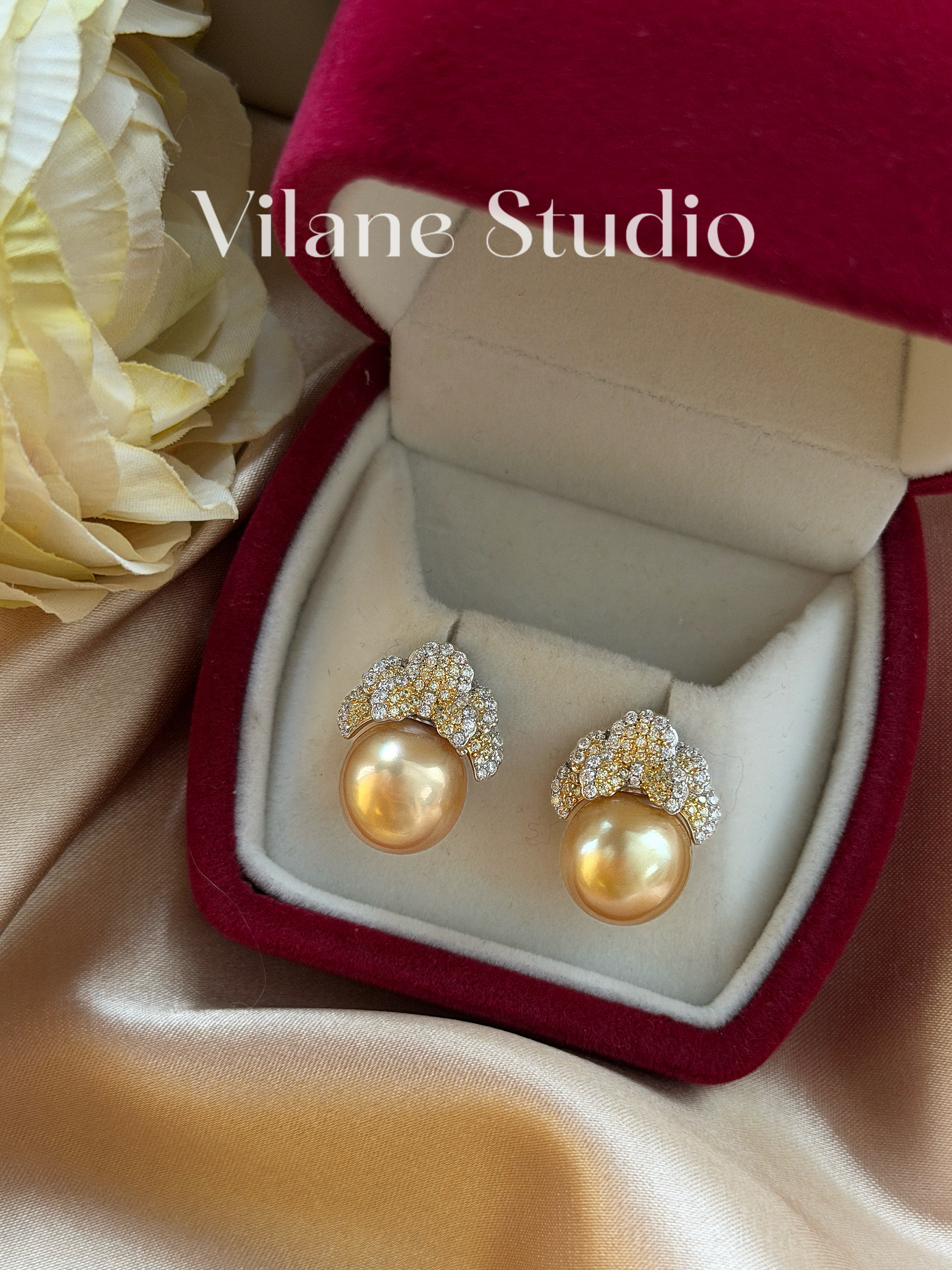 海水南洋金珠11-12耳环双色花簇设计  30+女轻奢宴会高级感耳满锆