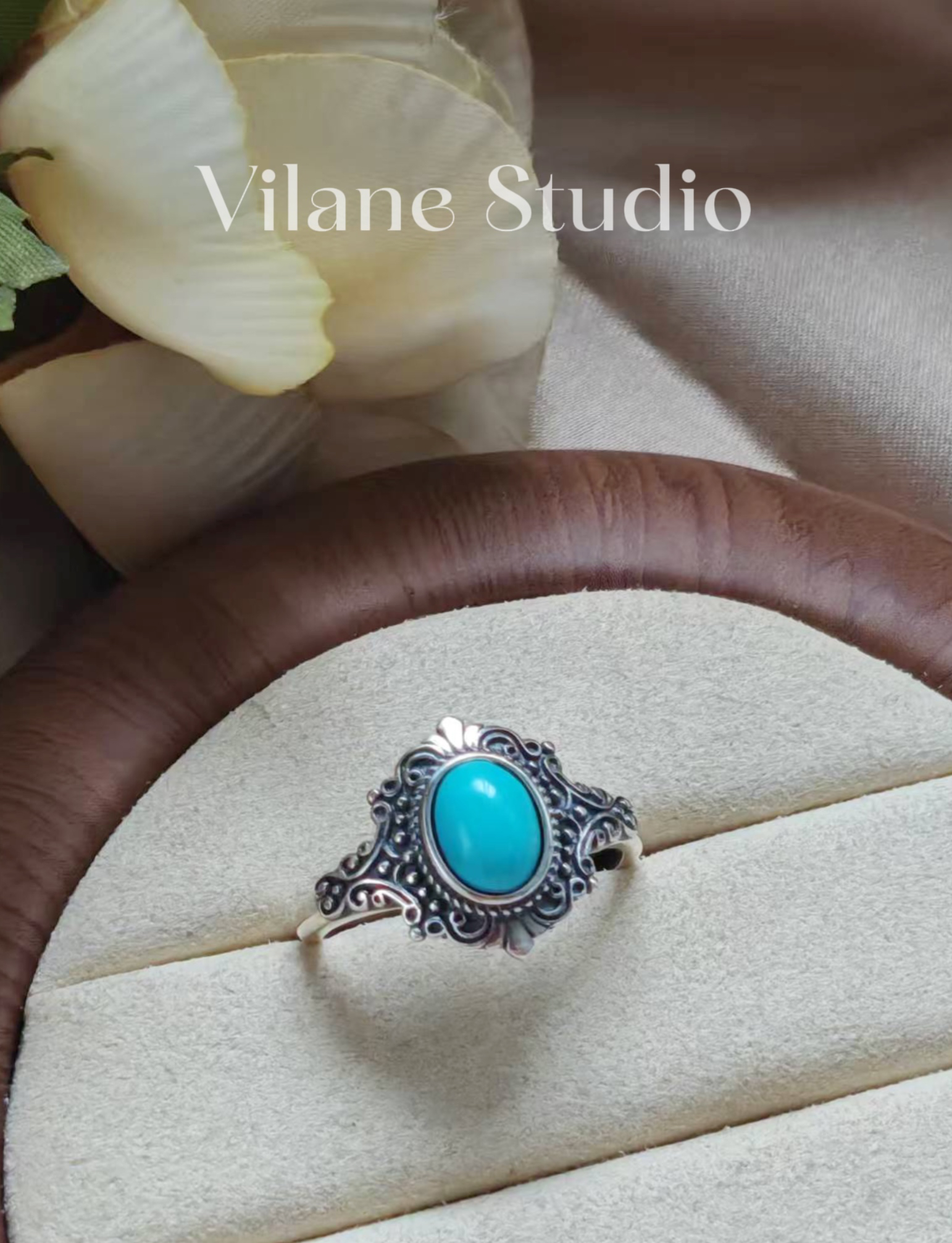 天然绿松石美松蓝松纯银开口戒指