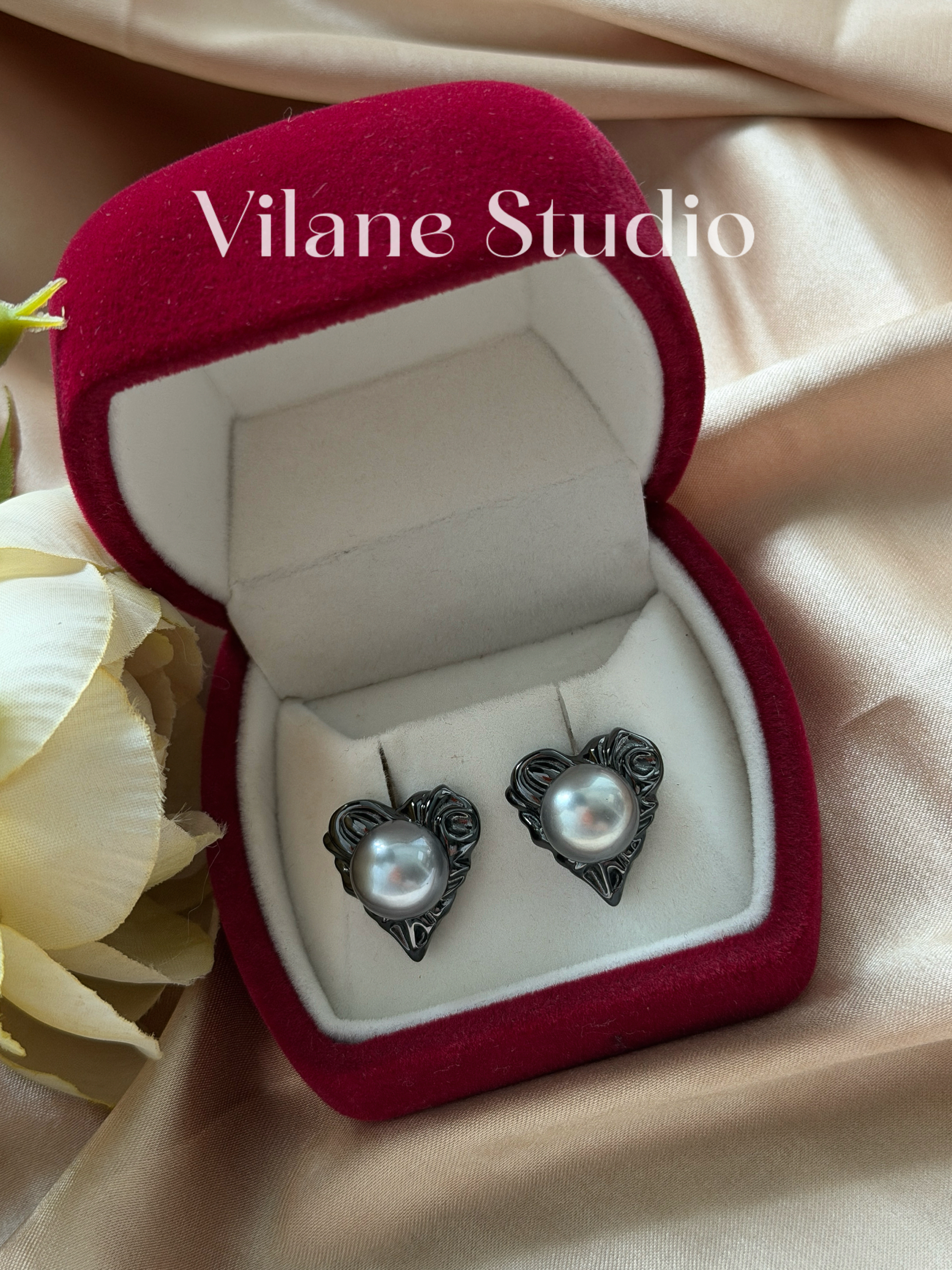 海水大溪地铂金灰10-11暗黑系爱心纯银耳钉 10.44&10.45 一物一拍