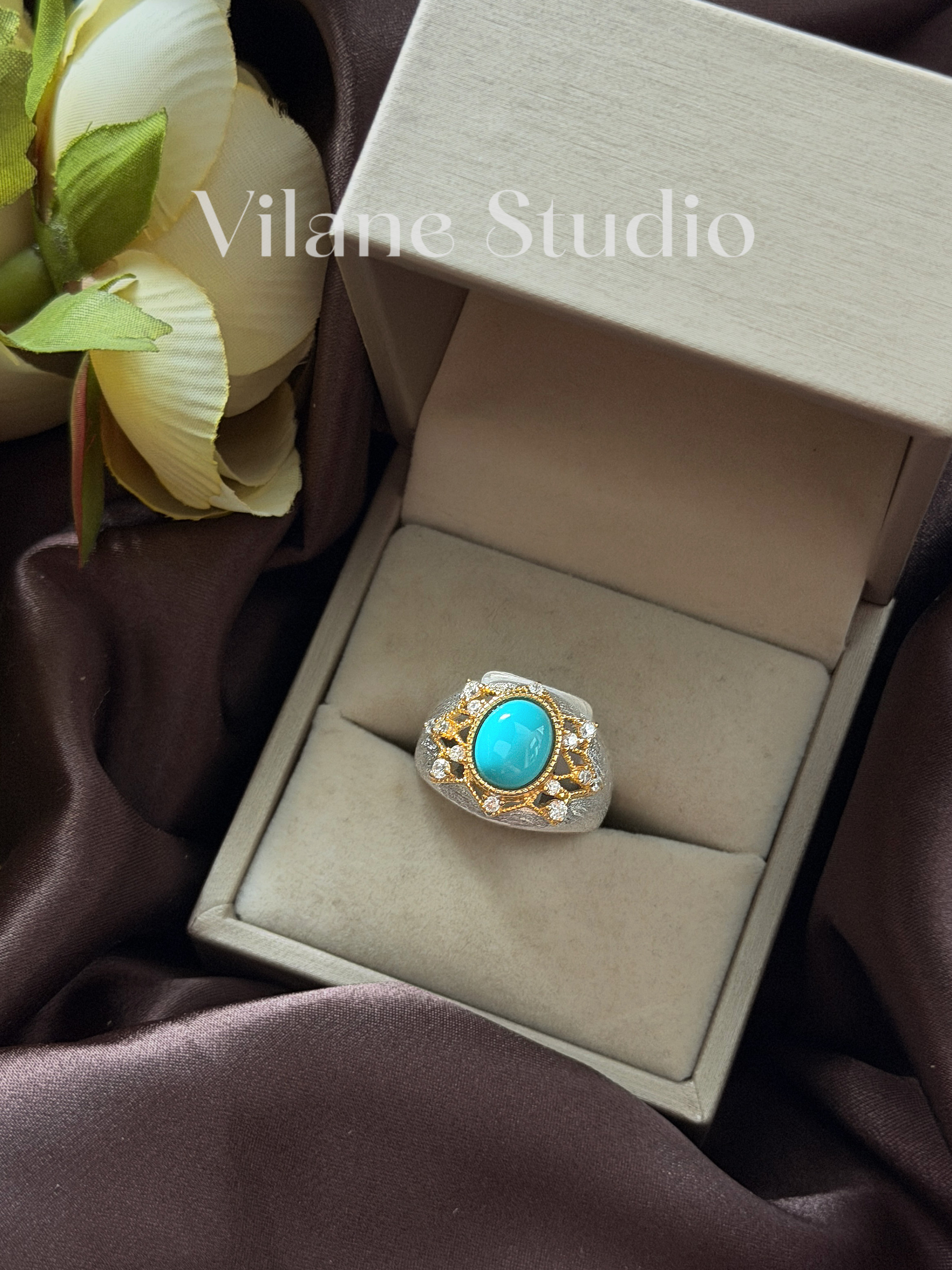 天然美松蛋面8*10意工托双色拉丝镂空开口可调节S925纯银戒指