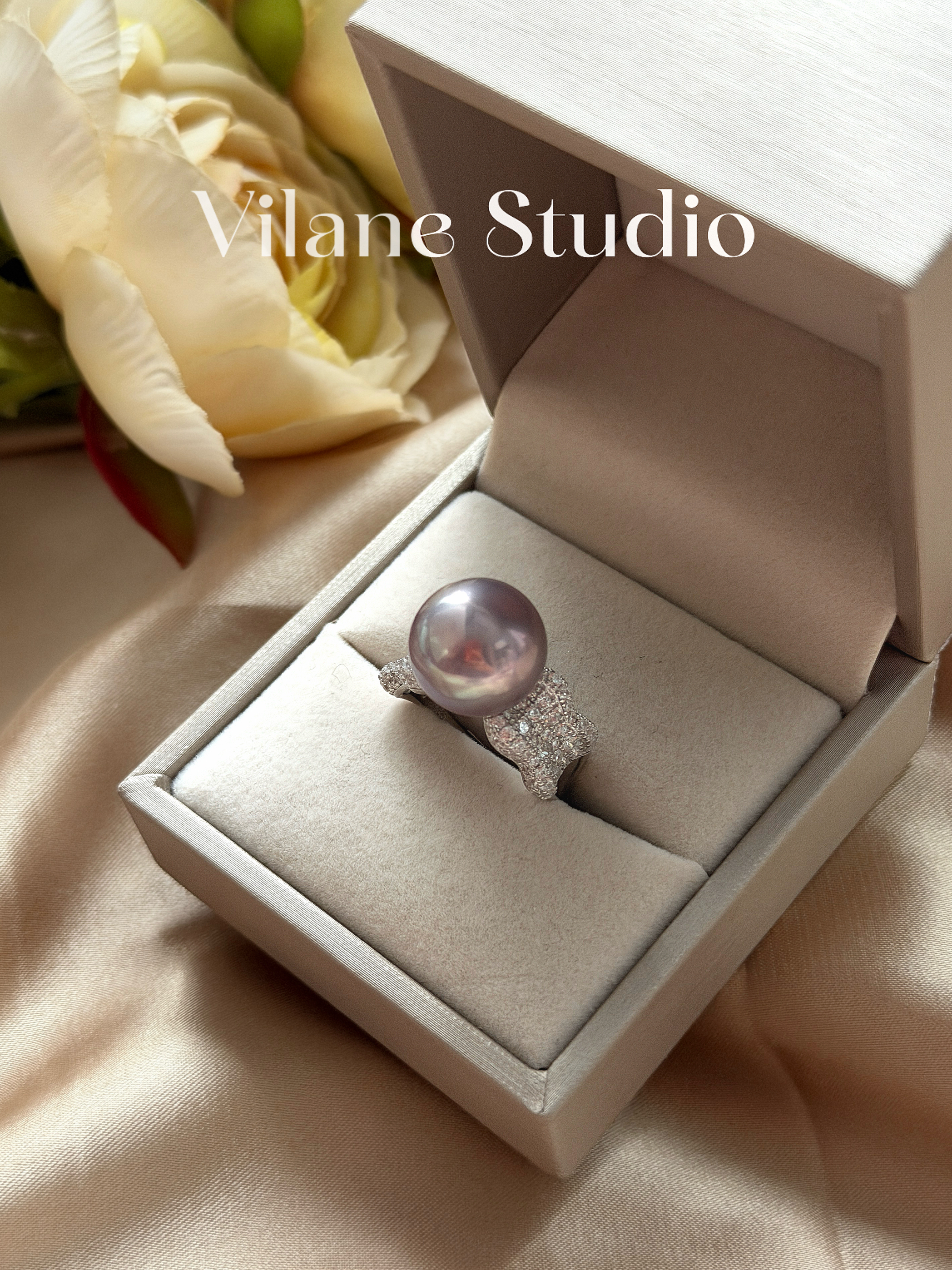 爱迪生镜面光马卡龙灰紫色大点位13.78正圆纯银开口戒指淡水珍珠