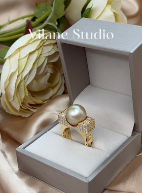 高货 霸气侧漏天然海水金珠13.75浅金重工小众厚银立体开口戒指