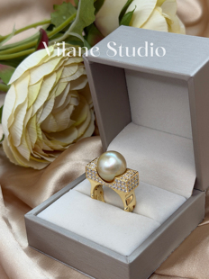 霸气侧漏天然海水金珠13.75浅金重工小众厚银立体开口戒指 高货