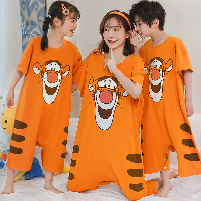 CHILDRENS ONE-PIECE PAJAMAS BOYS SHORT SLEEVES COTTON ANTI-KICK BELLY PROTECTION MOTHER AND DAUGHTER CARTOON SUMMER MIDDLE AND BIG CHILDREN GIRLS LOUNGEWEAR