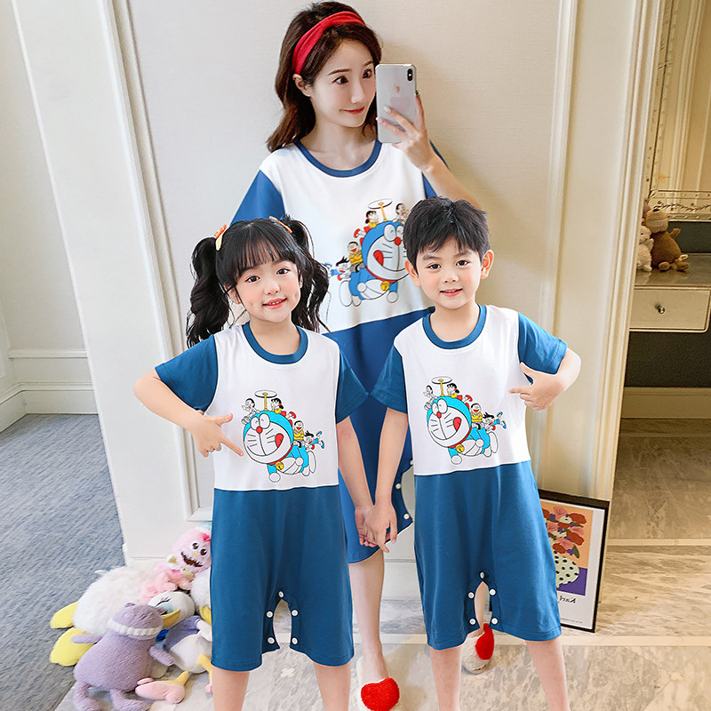 CHILDRENS ONE-PIECE PAJAMAS BOYS SHORT SLEEVES COTTON ANTI-KICK BELLY PROTECTION MOTHER AND DAUGHTER CARTOON SUMMER MIDDLE AND BIG CHILDREN GIRLS LOUNGEWEAR