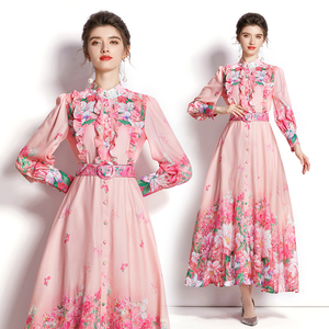 RM5261#度假风立领灯笼袖阔裙摆印花长裙