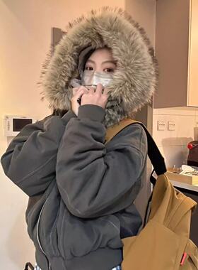国潮美式座山雕棉服女冬季cleanfit设计感短款加绒加厚派克服棉衣